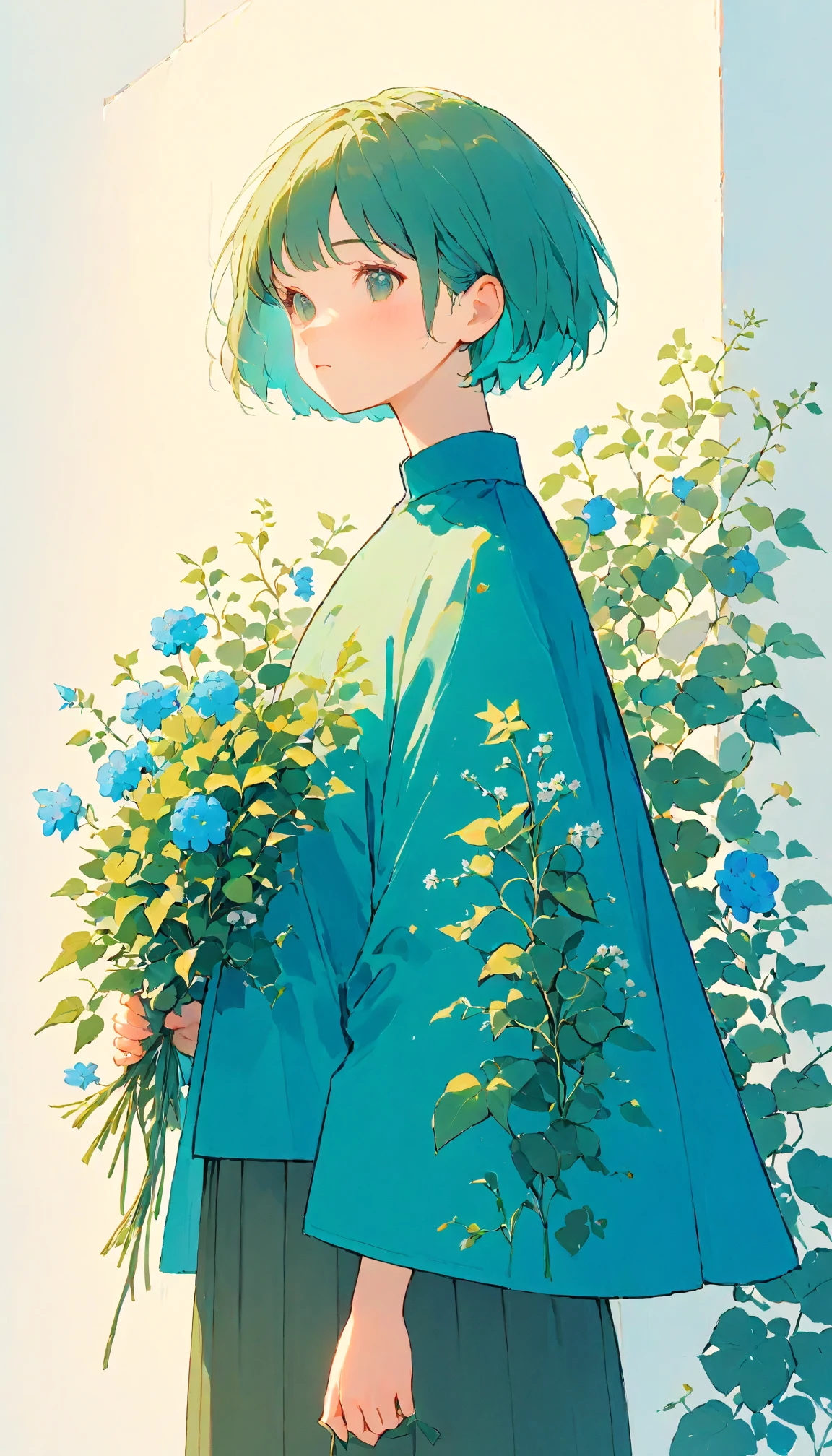 A woman standing in front of a white wall with a bouquet of flowers, Short hair, LOFI Girl, Ivy, wearing blue-Green clothes, With flowers, Low quality photos, With cape, Green clothes, photo shoot, Smooth input _ With background, LOFI Girlのaesthetics, 🤤 Portrait of a Girl, beautiful!!, Wearing long, loose clothing, Casual pose,  aesthetics