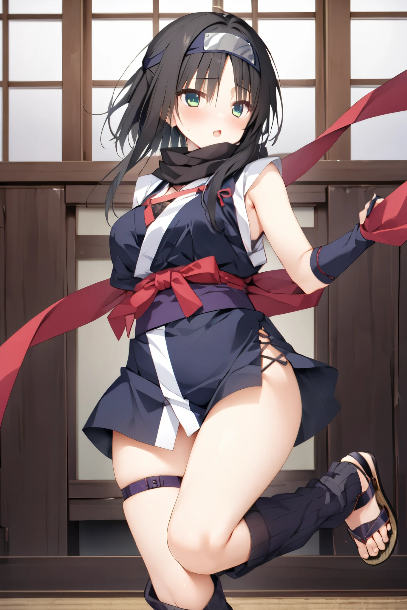 NSFW,masterpiece, top quality , high res, very detailed,Hitachi Mako 、Yuzu Soft、 black hair、 medium hair、Green Eyes、 、 medium bust,hitachi_Week_ninja_clothing、Ninja_clothing、side lock、 short hair 、 Long Locks、Forehead protector、black scarf 、Red scarf、 two-tone scarf 、 kimono、Ninja、 sleeveless 、Red ribbon、Purple Belt、gloves、青gloves、肘gloves、指なしgloves、short kimono 、 leg warmers with bow、 cross lace legwear、Sandals、 toeless footwear 