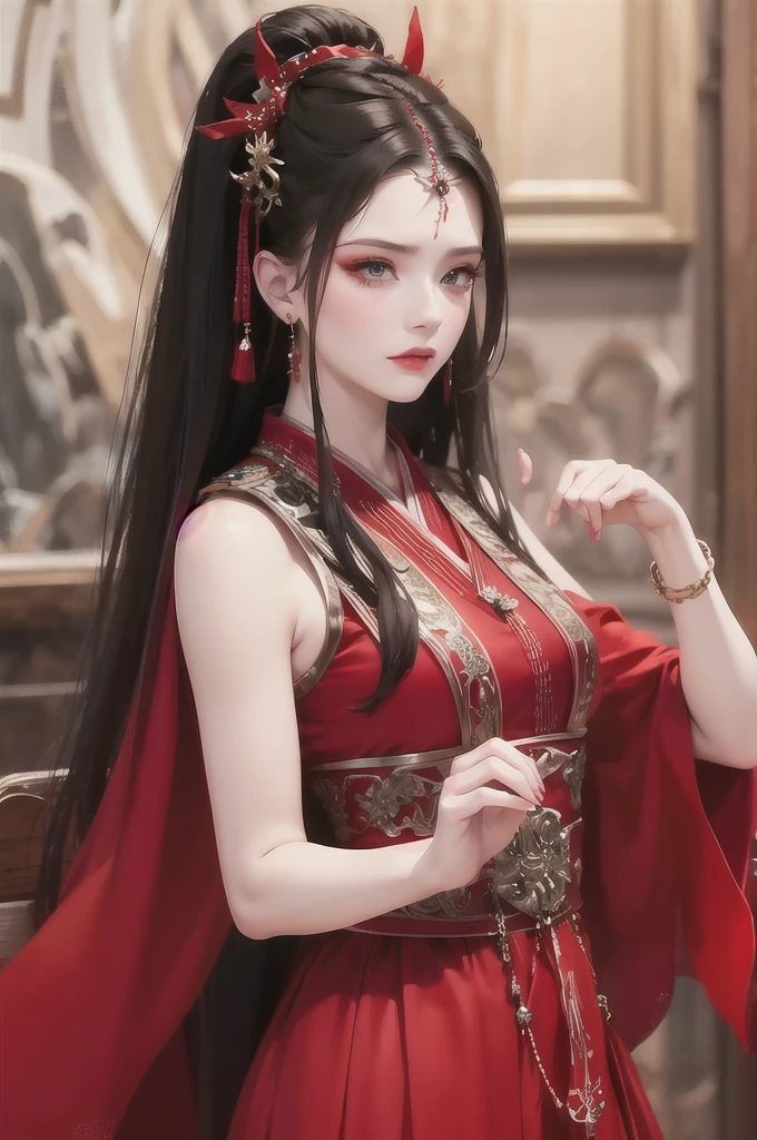 best quality, masterpiece, highres, official art, extremely detailed cg unity 8k wallpaper, 1girl, long hair, jewelry, hair ornament, realistic, she's wearing a beautiful red chinese hanfu dress, there's a red veil covering her face, full body, she looks angry