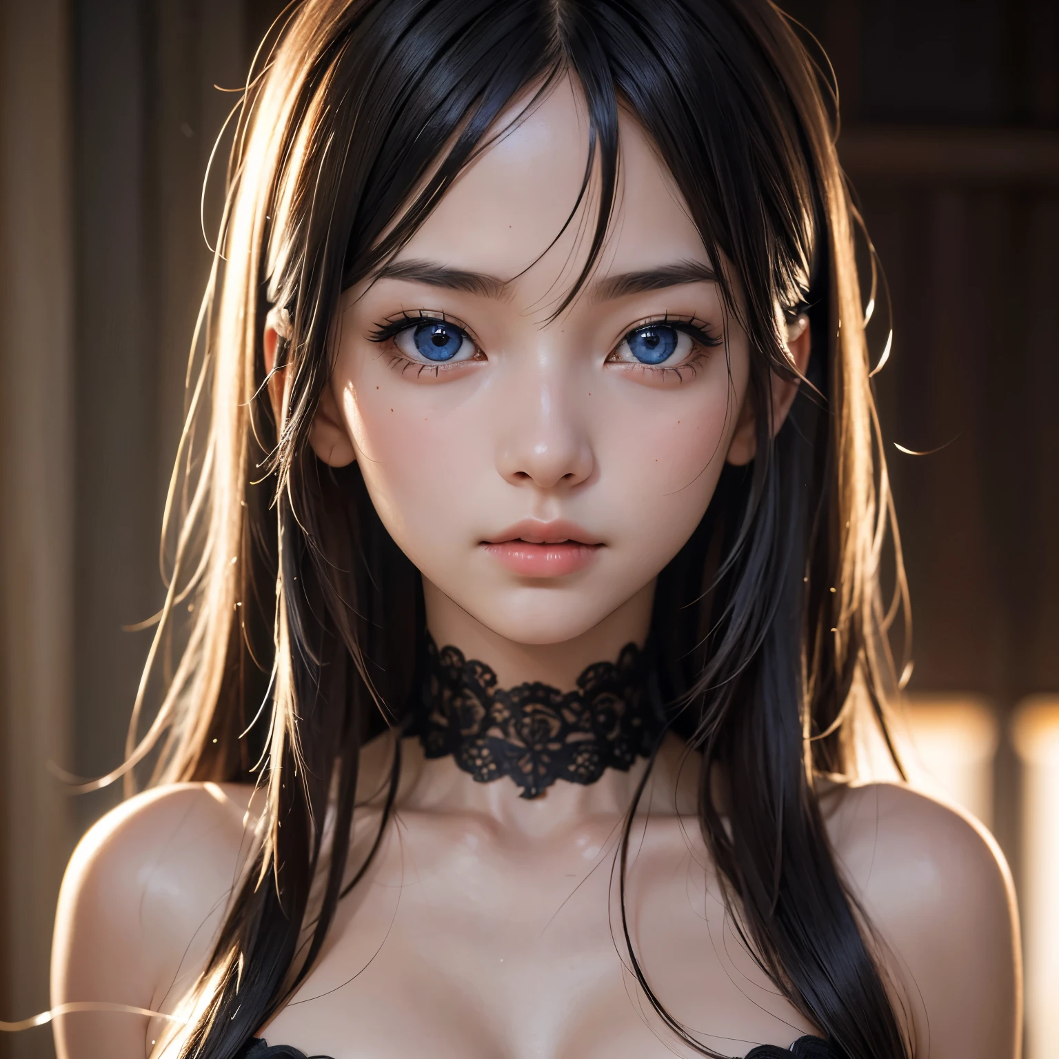 absurderes, masutepiece, Best Quality, nffsw, 1girl in, Mature Woman, (Sharp Focus), Villain's smile, medium breasts, (Hair on long black background), (grey eyes), (Detailed eyes), Gothic lace costumes, Black and Red theme, Realism, Black_castle, Ultra-detailed, Vivid, Intricate details, Photorealistic