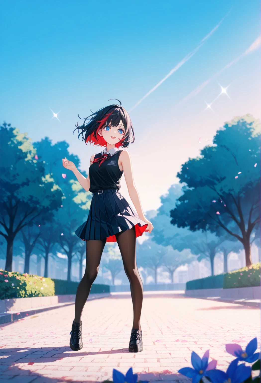 1girl,solo,black hair,multicolored hair, red hair,bob cut,blue eyes,black tops,sleeveless,pleated skirt,mini skirt,pantyhose,black shoes,blue sky,clear sky,vibrant colors,  with cinematic lighting and a cinematic angle,flower park,wind,crystal eyes,sparkle eyes, eyetexture,blueiris