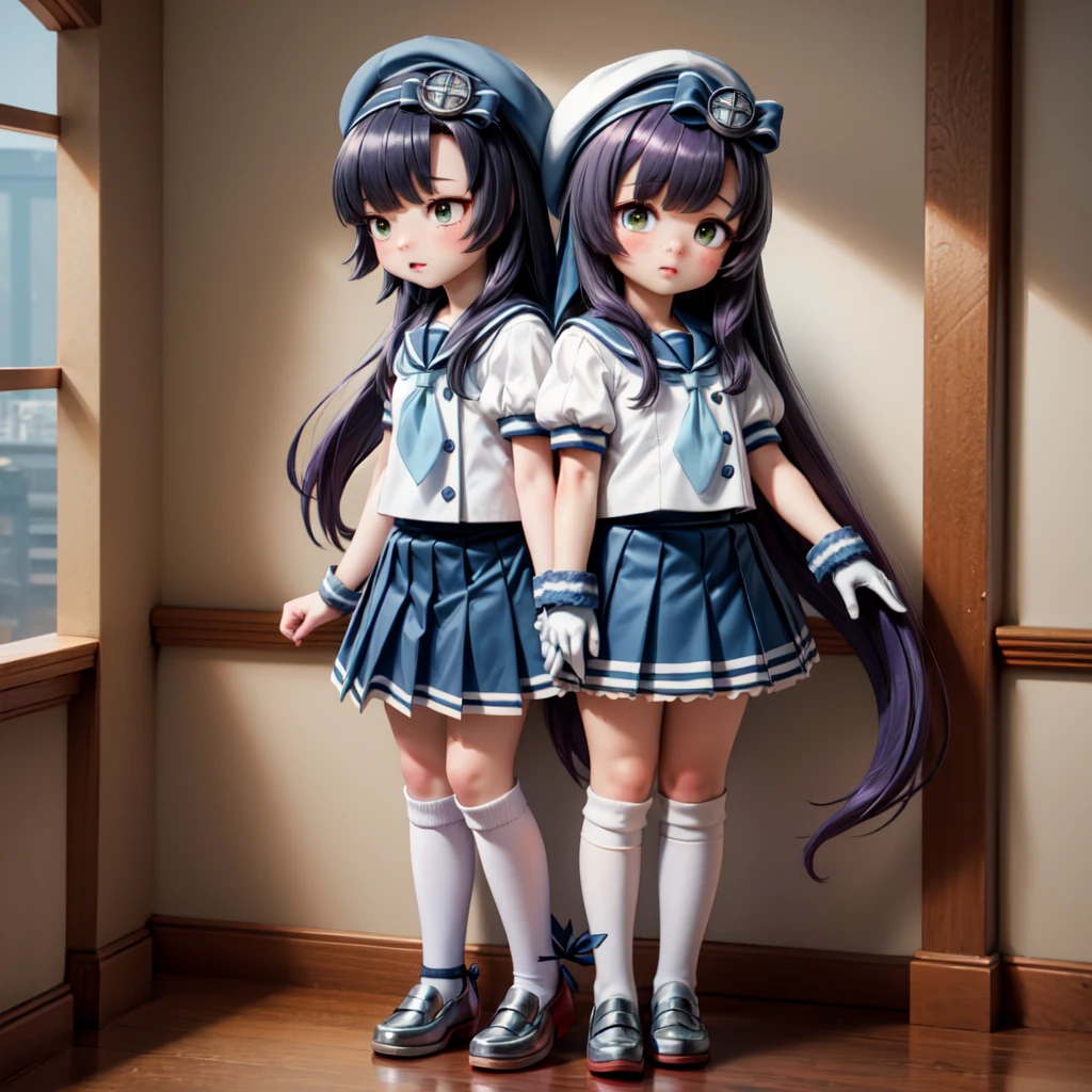 1girl, matsuwa, freckles, very long hair, purple hair, school uniform, hat, blue ribbon, blue sailor collar, blue neckerchief, juliet sleeves, short sleeves, white gloves, blue skirt, pleated skirt, kneehighs, white socks, shoes, grey footwear,
