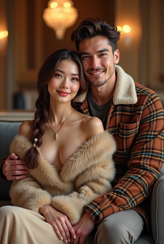 RAW, photorealistic, wide angle, facing forward, portrait of (2 people:1.5, they are a couple), he is a muscular (african man:1.3) with detailed brown eyes and she is a (japanese woman:1.3) in bare body with droopy and huge breasts, slim body with sexy posture, short hair, they have detailed face with seductive expression, they hug each other, ((he touch her breast:1.2) from behind), while leanning down on wall of rooftol surrounded by snow, she looks beautiful with detailed blue eyes, sensual lips, extremely detailed face, photon mapping, natural daylighting, foggy atmosphere, calm colors tones