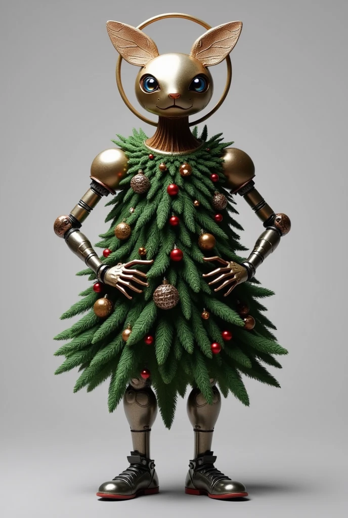   Mechanical object inspired by the Margaret  with a round metallic head in the shape of a circle with metallic petals disappointed on its metallic head in the shape of Margaret, magnificent arms on body,wearing  Christmas tree costume that hides half its leg ,(hands on hips), mechanical metal feet,(viewed from front:1.5)