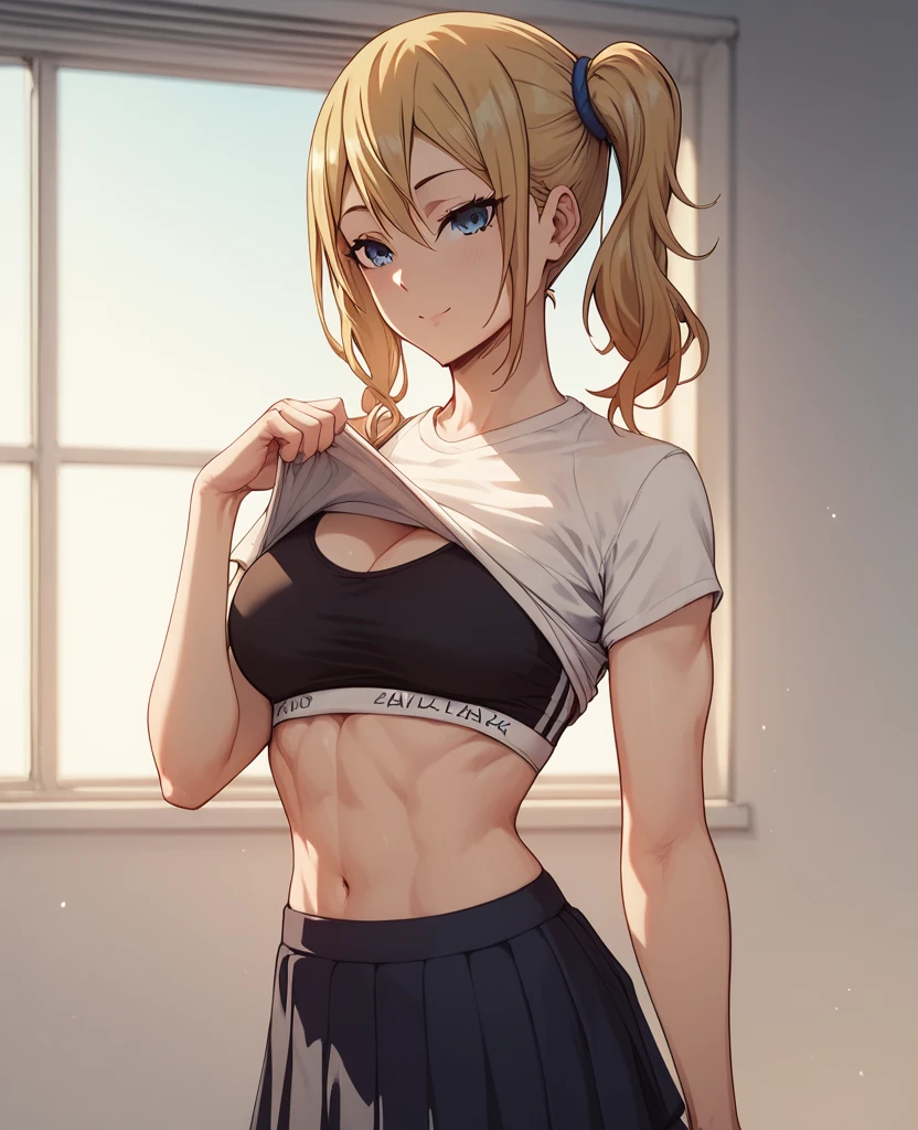 Hayasaka Ai, sexy female body, sports top, lifts t-shirt, skirt