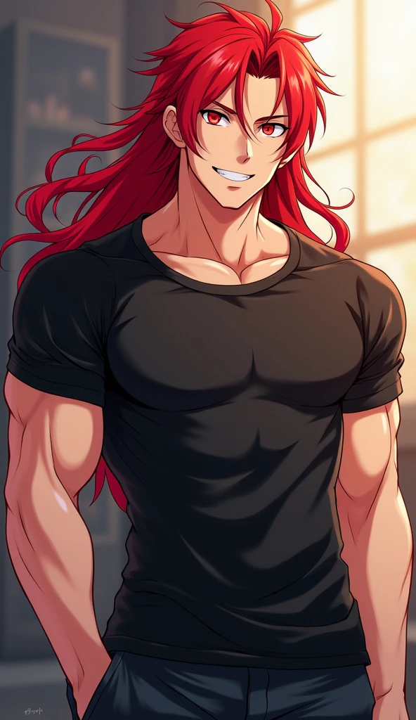 1male, Young Adult, Dark Red Hair, Light Pink Hair, ,Muscular, Curly Hair, Long Hair, Two Toned Hair, Sunglasses, Magenta Colored Eyes, Smirk, Standing On Beach