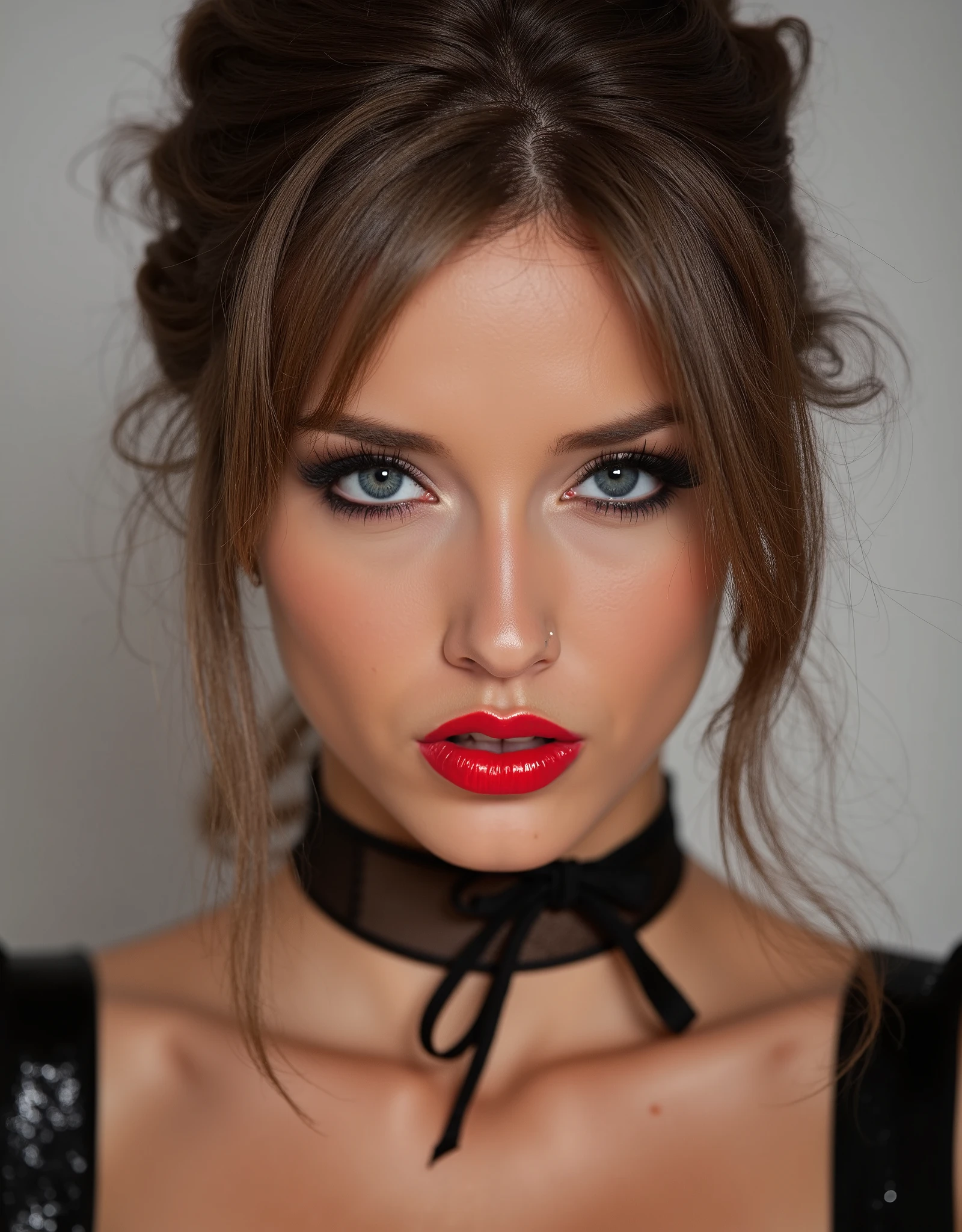 cute portrait of woman who has had lip fillers and has very full lips, red lip gloss, latex maid outfit