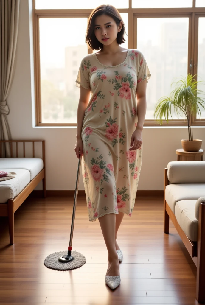 A beautiful indonesian woman, a bit chubby, tied hair, wearing inticate pattern daster, mopping the floor at the living room, bright morning, look at the viewer, natural light,