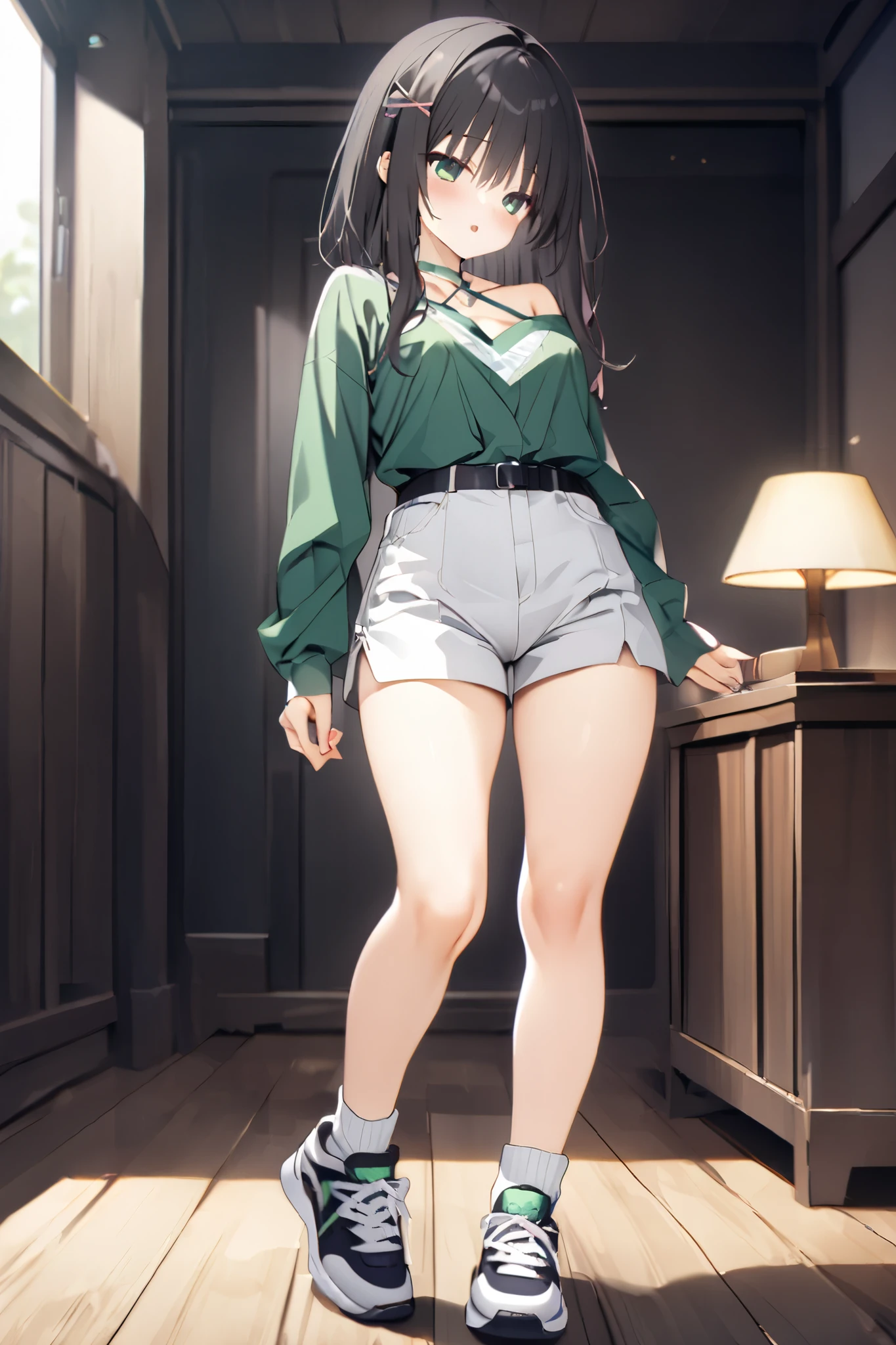 NSFW,masterpiece, top quality , high res, very detailed,Hitachi Mako 、Yuzu Soft、 black hair、 medium hair、Green Eyes、 、 medium bust,hitachi_Week_casual_2、casual 2 、side lock、 short hair and long hair、、x Hair accessories、 hair clip、 green shirt 、 halter neck 、 cross halter、 kimono、White clothing、 short kimono、band、 SHORTS、 white socks、 ankle socks 、 sneakers