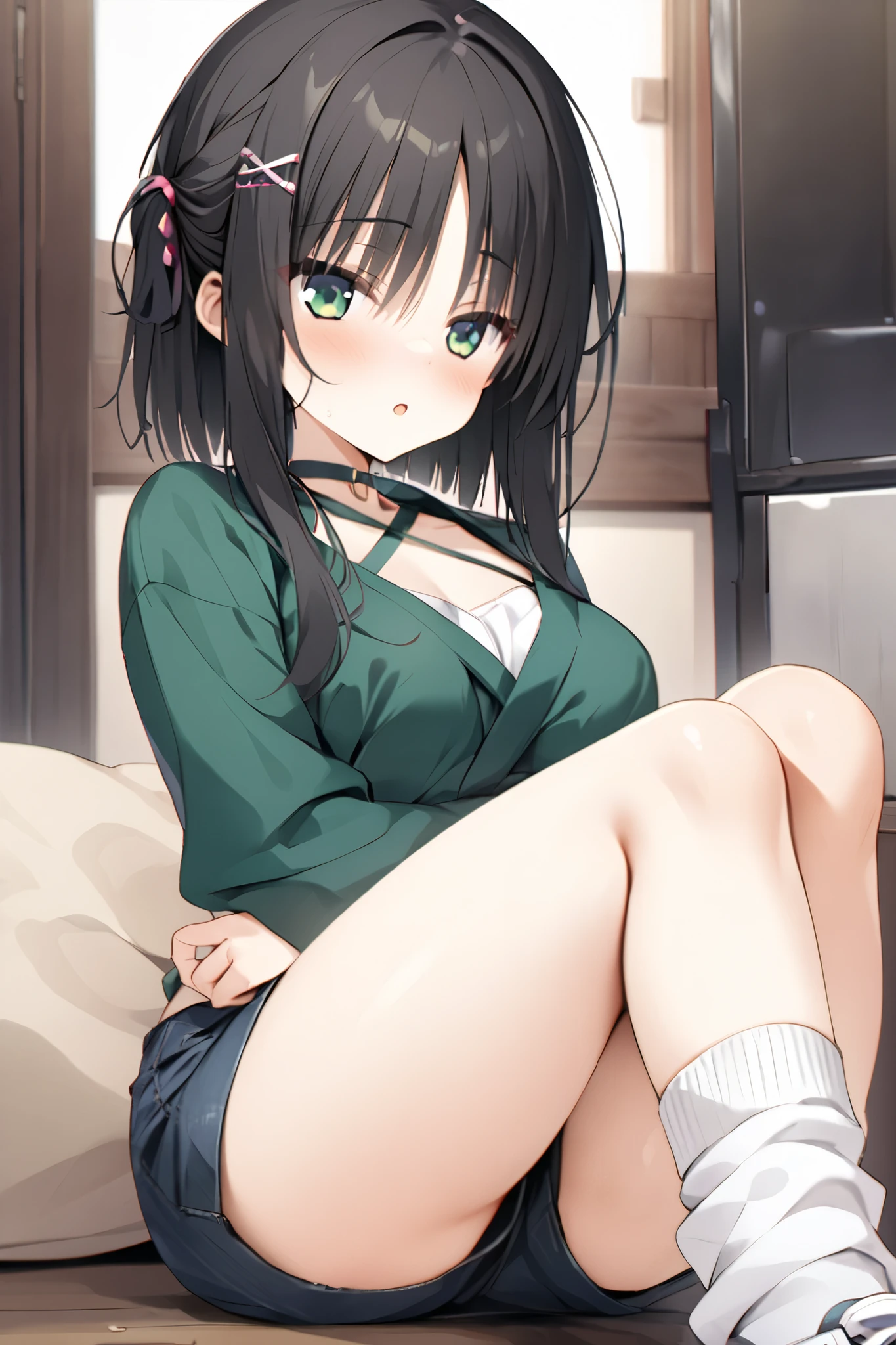 NSFW,masterpiece, top quality , high res, very detailed,Hitachi Mako 、Yuzu Soft、 black hair、 medium hair、Green Eyes、 、 medium bust,hitachi_Week_casual_2、casual 2 、side lock、 short hair and long hair、、x Hair accessories、 hair clip、 green shirt 、 halter neck 、 cross halter、 kimono、White clothing、 short kimono、band、 SHORTS、 white socks、 ankle socks 、 sneakers