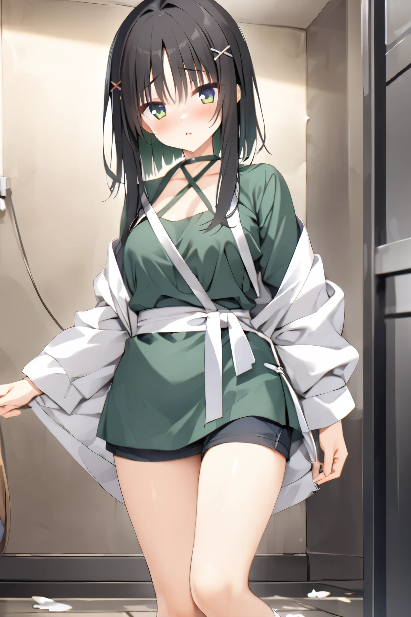 NSFW,masterpiece, top quality , high res, very detailed,Hitachi Mako 、Yuzu Soft、 black hair、 medium hair、Green Eyes、 、 medium bust,hitachi_Week_casual_2、casual 2 、side lock、 short hair and long hair、、x Hair accessories、 hair clip、 green shirt 、 halter neck 、 cross halter、 kimono、White clothing、 short kimono、band、 SHORTS、 white socks、 ankle socks 、 sneakers