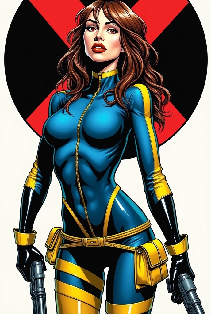 Jennifer Lawrence、masterpiece、High quality 4K、villain (X-Men)、Gothic Girl、Sculpted Body Gothic Makeup、Black jacket、Red and blue bodysuit、masterpiece、Highest quality、Cowboy Shots、One personの女の子、One person、Technology Military Bodysuit、fringe