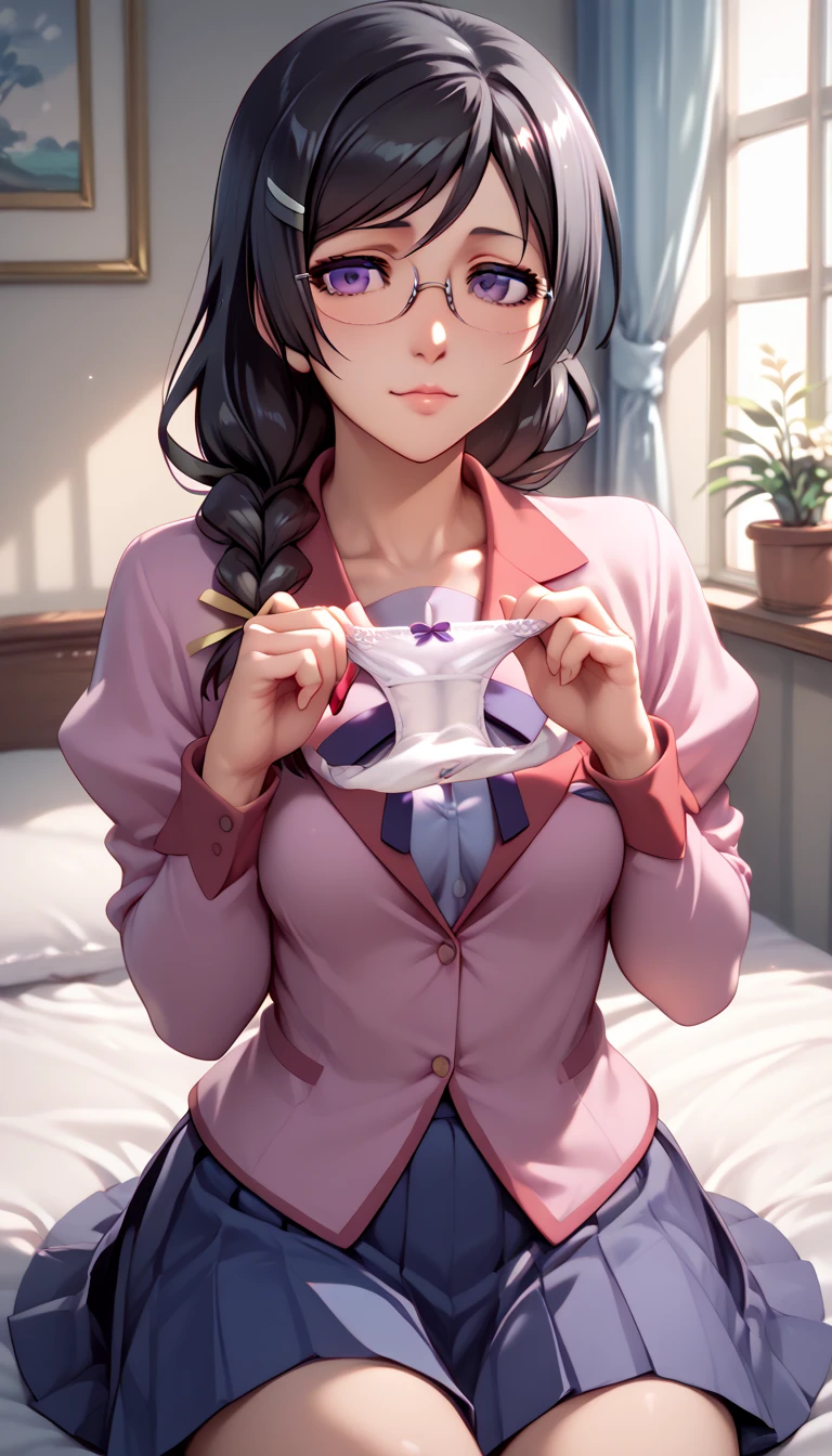 Erotic NSFW,(masterpiece), beautifully and in detail,ishigaki takashi Styles, tsubasa hanekawa,Black hair braided,Purple Eyes,Glasses,Big Breasts, school uniform,(Hold white panties in your hands:1,3),Erotic,bedroom,front