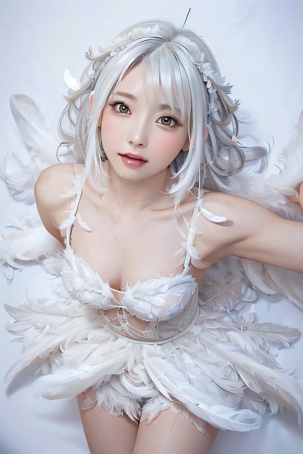 (masterpiece、 top quality 、 Super detailed description、 super high res)、((Face Shot))、 girl、solo、((small chest))、cute、 idol face、Half Smile、( realistic skin:1.2)、(feather texture:1.4)、 (Background with lots of dancing feathers:1.2)、( Wedding Dress :1.2)、(Pure white hair:1.4)、( shot from above:2)、