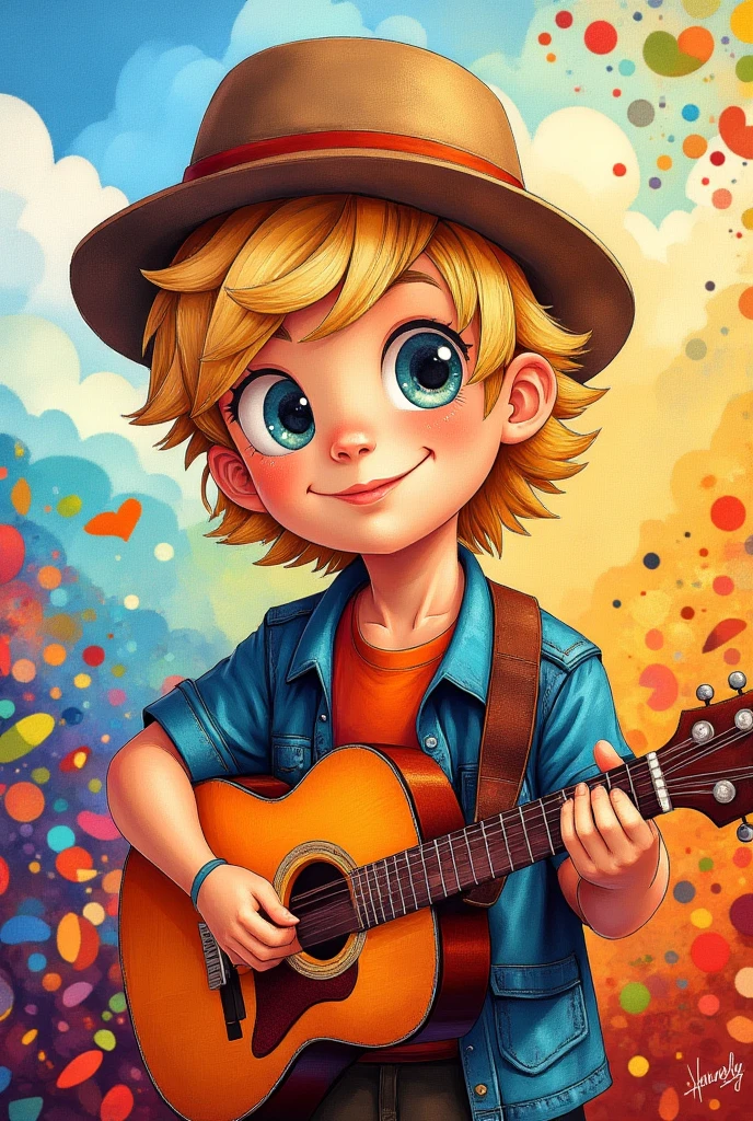 drawing of a  with a guitar and a hat ,   — digital rendering ,  inspired by Jesse Newbery ,  pixabay contest winner, process of art,  blonde boy , полно color illustration , illustration for ren,  ren's book illustration ,  color illustration , ren's book illustrations ,  one boy concept art ,  full color digital illustration,  ren's book illustration ,  ren's book illustrations , s illustrations 