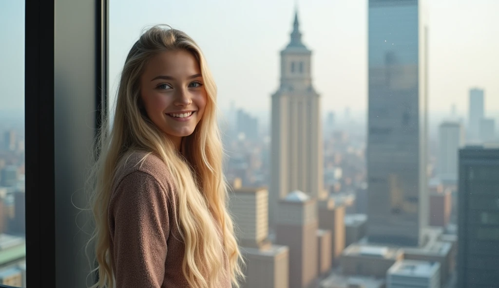 daneater, 1girl, solo, realistic, photorealistic, high quality picture, 8k, high resolution, detailed quality, film grain, natural photo, ultrarealistic, (((25-years-old woman))), Caucasian, (((Scandinavian Face))), (((Background: Nature))), (((Fit))), (((Long-Straight-Blonde Hair))), Smiling, Pose: sitting, she is enjoying the view on a viewdeck in new york city, a picture shot on a phone from 2015