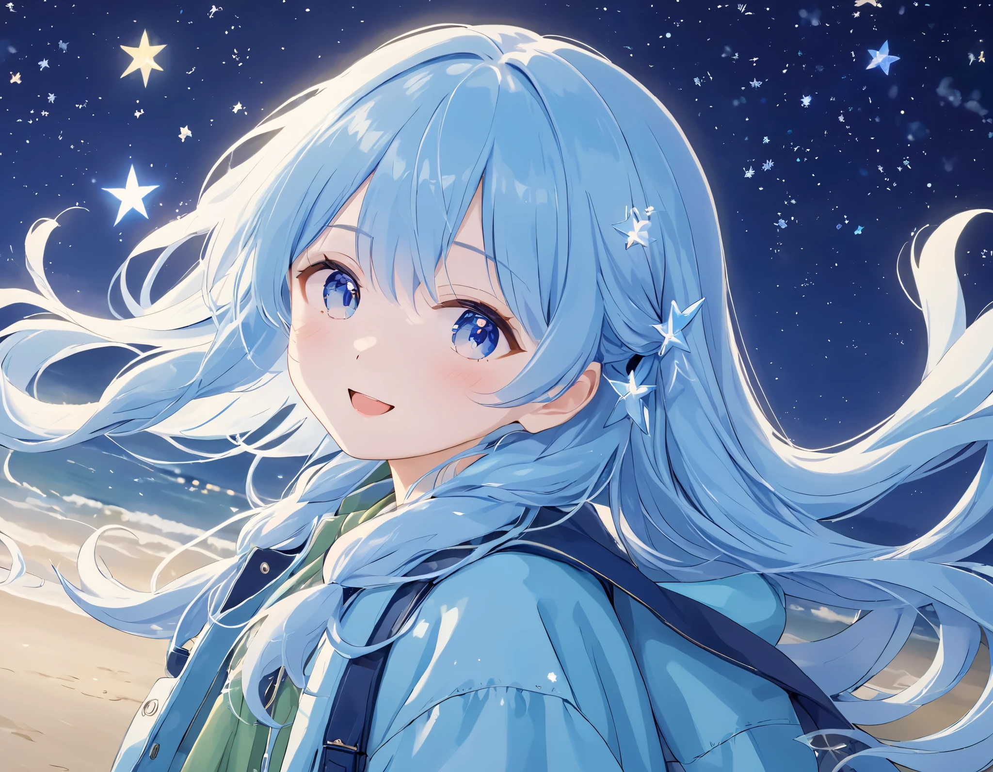  Light Blue Long Hair 、 a beautiful girl with a twin-tail hairstyle、smile、 close-up、 I look up at the night sky、Night beach、The sky is shining brightly、Shooting stars and the Milky Way、 the Big Dipper shines 、Clear air、warm green long down coat、