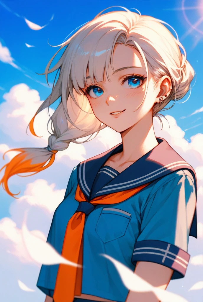 A captivating anime artwork of a girl with a gentle hairstyle and piercing blue eyes that convey her emotions. Her attire is a quintessential Japanese school uniform, highlighted by a blue sailor top and a vibrant orange necktie. The setting features a bright blue sky, dappled with soft white clouds and streams of sunlight, creating a heartwarming and reflective atmosphere.ソロ, 