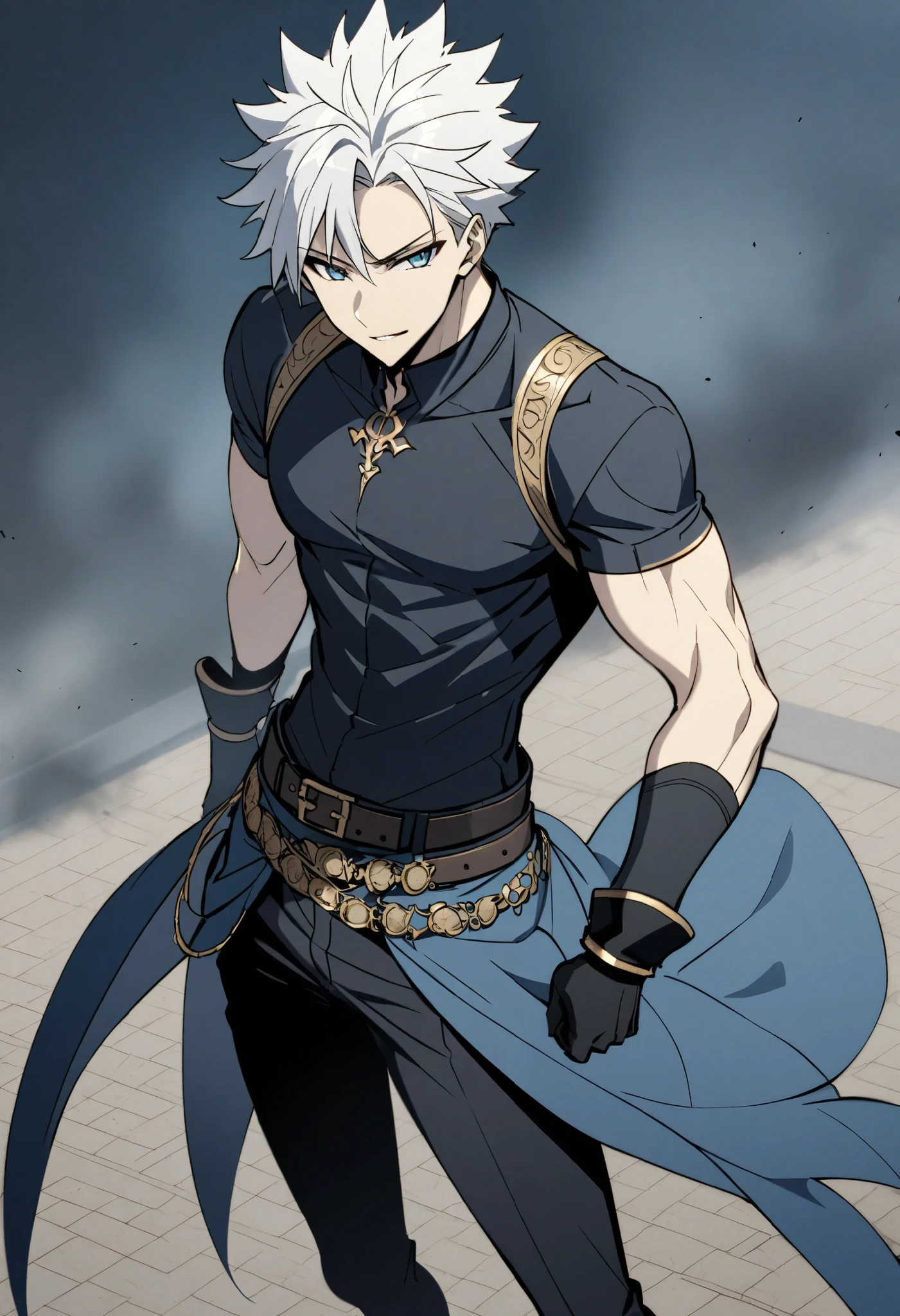 Young adult, arrogant smile, Short Hair , white hair, spiked hair, Blue eyes, defined, shirt, Gloves, slim but athletic with medium muscles, white hair, black Gloves, belt, pants, Blue trim, black shirt, black pants, gold ornament, full body