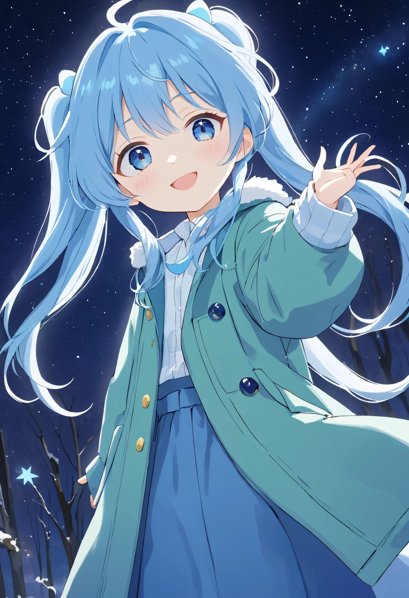 A starry sky 、 the Big Dipper shines 、 Light Blue Long Hair 、 a beautiful girl with a twin-tail hairstyle、smile、 close-up、 I look up at the night sky、Clear air、 the Big Dipper shines 、warm green long down coat、In the mysterious forest 、