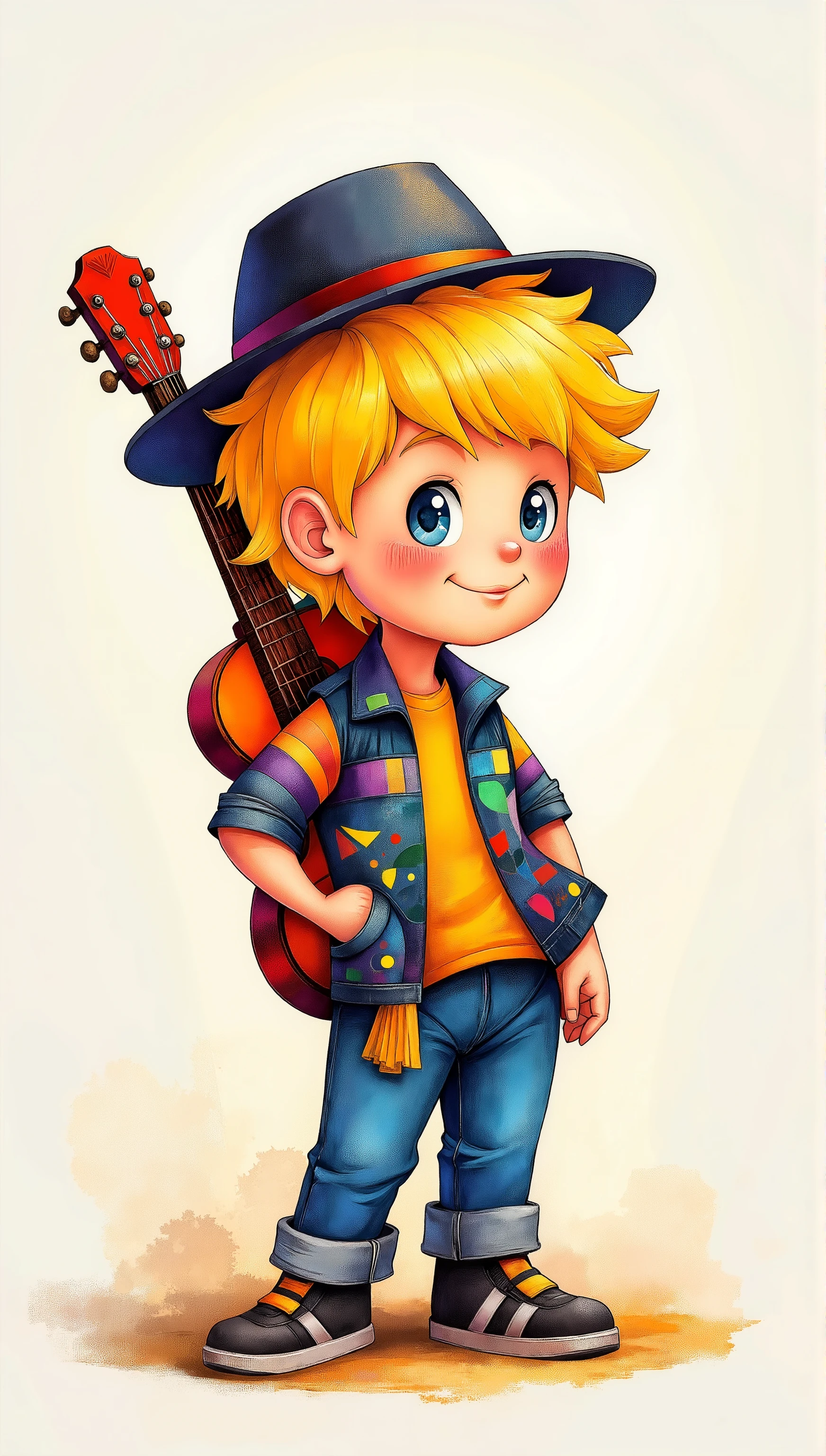 drawing of a  with a guitar behind his back and a hat ,  blonde boy , полно color illustration , illustration for ren,  ren's book illustration ,  color illustration , ren's book illustrations ,  one boy concept art ,  full color digital illustration,  ren's book illustration ,  ren's book illustrations , s illustrations ,  ren's illustration ,  ren's book illustration ,  ren's book illustration , Character Portrait