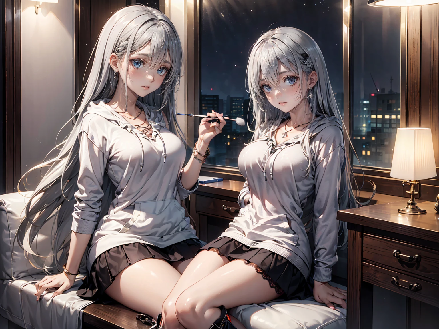 2girls, Table hump, rubbing the perineum, white shirt, pencil skirt, office, white panty, skirt lift, strap, a table, elevation, multiple boys,A thought-provoking liquid,, Masterpiece, Best Quality, Highly detailed, (From Bottom:1.1)