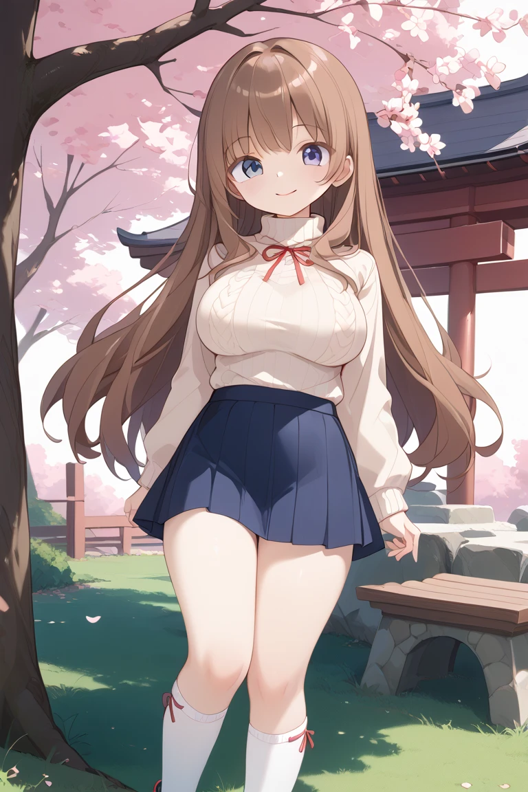 smile、 standing、Cherry blossom trees、Brown Hair、 long hair、noon、Vertical Sweater、 skirt、Slightly red cheeks 、 blue eyes、masterpiece、 top quality 、 super detailed 、１ girls with light makeup、anime、 the wind is blowing、 pants 、 facing viewers、 Big Breasts 、Thighs、 high socks