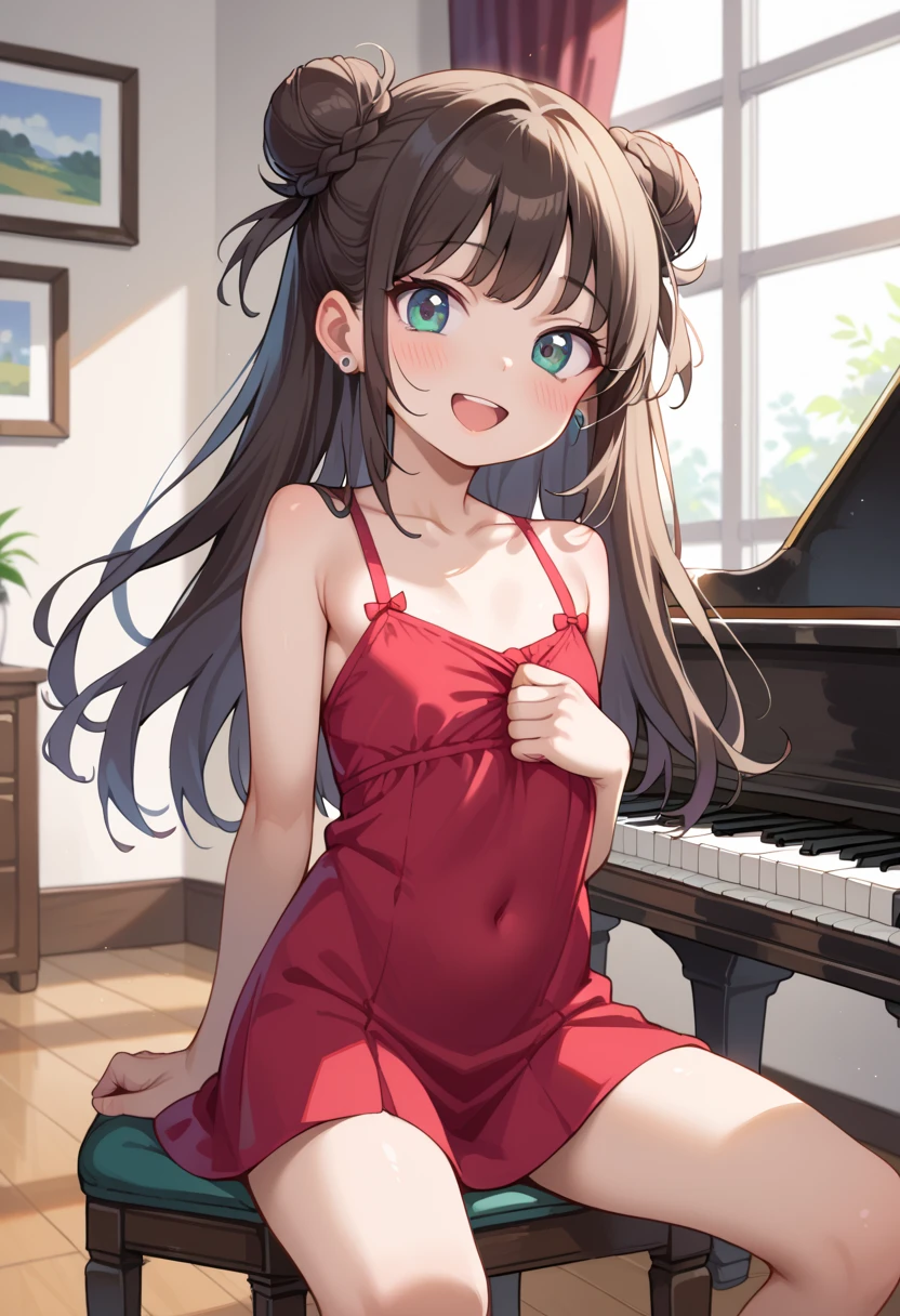 (( top quality )), ((masterpiece)), (be familiar with),  perfect face, indoor, bedroom,  Watching Viewers ,
One woman, I was,
 open mouth,  ecstatic expression beside the piano, blush, smile,
 small tits,  flat chest, Young girl, Lori,  s,  girl,
 long hair,  twin bun hair ,
Leg spread,