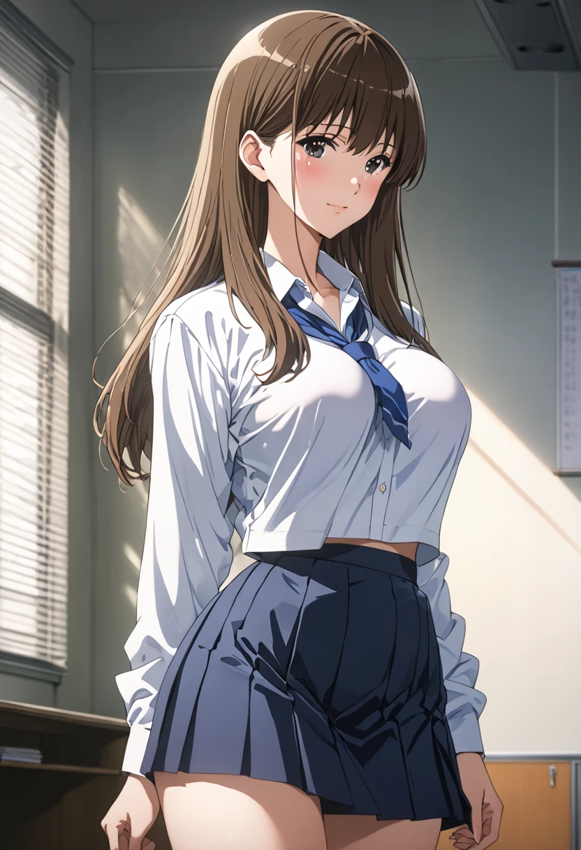 masterpiece, BestQuality, High resolution,16k,official art,super detailed skin,detailed,animated painting,(kuroe mayu:1.3),1990s \(style\),(F-cup beautiful breasts:1.3), clevage,(tall:1.2),height: 170cm,Fashion model body type,black eyes,brown hair,long hair,(highschool uniform,white shirt,navy mini skirt:1.3)、1girl,solo,nsfw,sexy,cool face,light smile,shy,blush,Anime-style painting style,Close up on full body,Cinematic lighting,Superfine,in the school