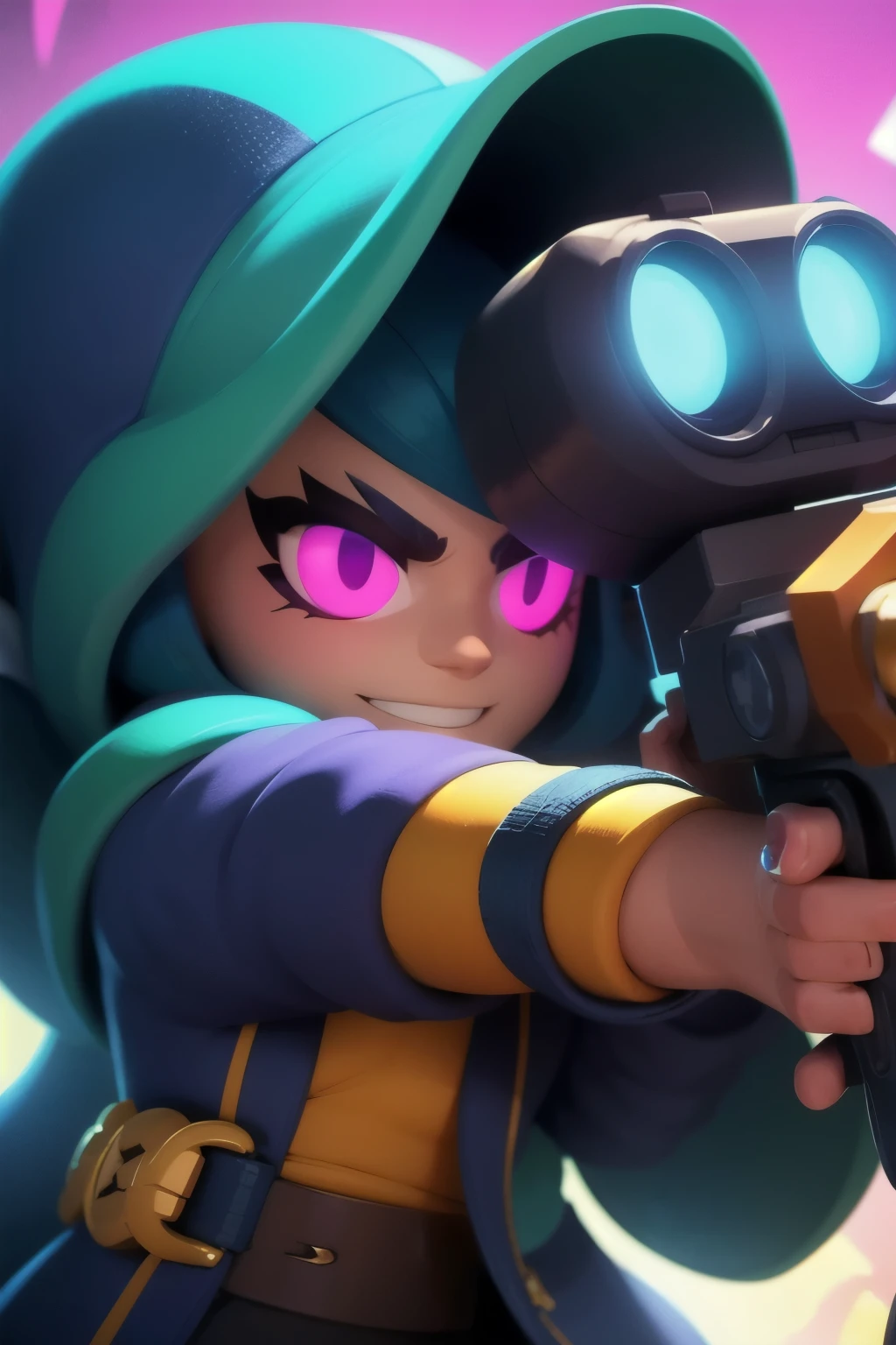 a close up of a person holding a gun and a flashlight, ((wearing a metalhead costume)) , brawl stars, splash art brawlstars, epic art style, blaster fire bright as neon, game character, in game style 8k, merged character, fortnite art style, stylized character, holding a blaster, slick clammy skin, clash royal style characters, mobile game style, new character