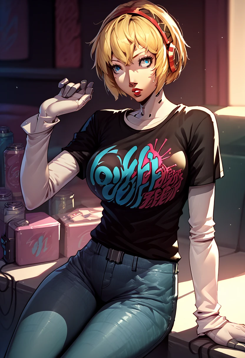 1 girl, red headphones, lipstick, black t-shirt, clothes writing, layered sleeves, large breasts, jeans, Aegis, blonde hair, blue eyes, gloves, robot girl