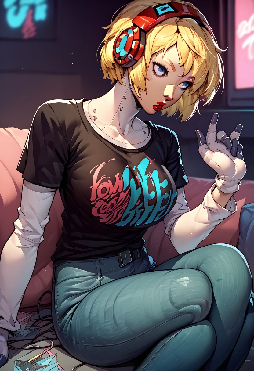 1 girl, red headphones, lipstick, black t-shirt, clothes writing, layered sleeves, large breasts, jeans, Aegis, blonde hair, blue eyes, gloves, robot girl