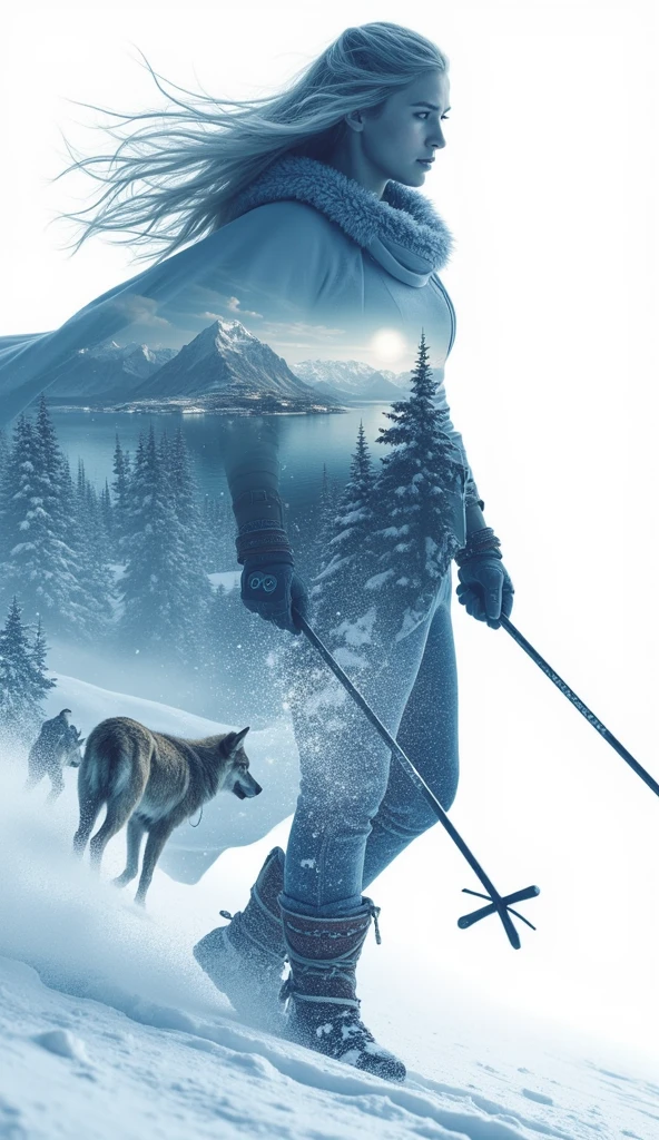 Create a majestic 8K resolution 3D double exposure artwork featuring a silhouette of Skadi, the Norse goddess of winter, skiing, and hunting, set against a backdrop of snow-covered mountains and icy fjords. Within Skadi's form, incorporate:
Her fierce, determined expression adorned with a winter cloak and fur-lined boots
A pair of skis and a bow, symbolizing her prowess in both winter sports and hunting
Flowing hair that blends into the snowy landscape
Inside Skadi's silhouette, depict scenes of winter wilderness, hunting expeditions, and serene snowy landscapes:
Hikers and hunters navigating through snow-covered forests and mountainous terrains
Wildlife such as reindeer and wolves thriving in the icy environment
Frozen lakes and sparkling snowflakes creating a tranquil yet formidable winter scene
Use a color palette that blends:
Icy blues and crisp whites representing winter and cold
Deep silvers and grays symbolizing strength and resilience
Hints of emerald green for evergreen forests and natural beauty
The overall composition should convey strength and harmony with nature, emphasizing Skadi's role as a formidable goddess who thrives in the harshest winter conditions. Incorporate artistic styles inspired by Norse saga illustrations and contemporary alpine art, with crisp, shimmering lighting effects to enhance the majestic and serene atmosphere. Subtly integrate Norse runes and winter motifs throughout the artwork, symbolizing endurance, hunting prowess, and the beauty of winter.