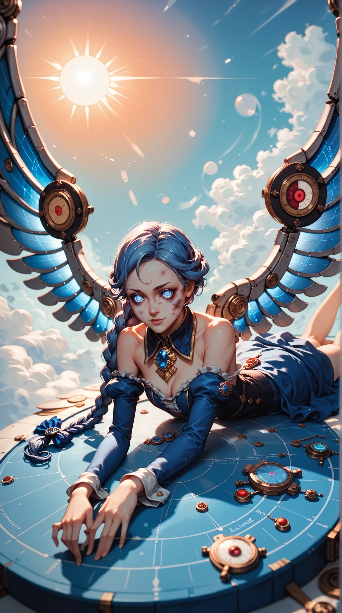 Abstract Background，Hot Girls，the scientist， bloodstained eyes ， playful face ，Braided Ponytail， sapphire brooch，Bare shoulders， format，Mechanical wings，Prone，Arms outstretched and straight，sun，kaleidoscope photography，Natural Method 