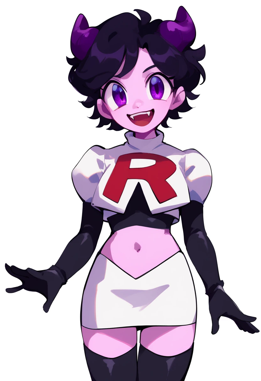 jellybean_yt, solo, looking at viewer, smile, short hair, open mouth, black hair, 1girl, white background, purple eyes, female focus, horns, teeth, colored skin, fangs, team rocket,team rocket uniform,white skirt,red letter R,crop top,black thigh-highs,black elbow gloves, source