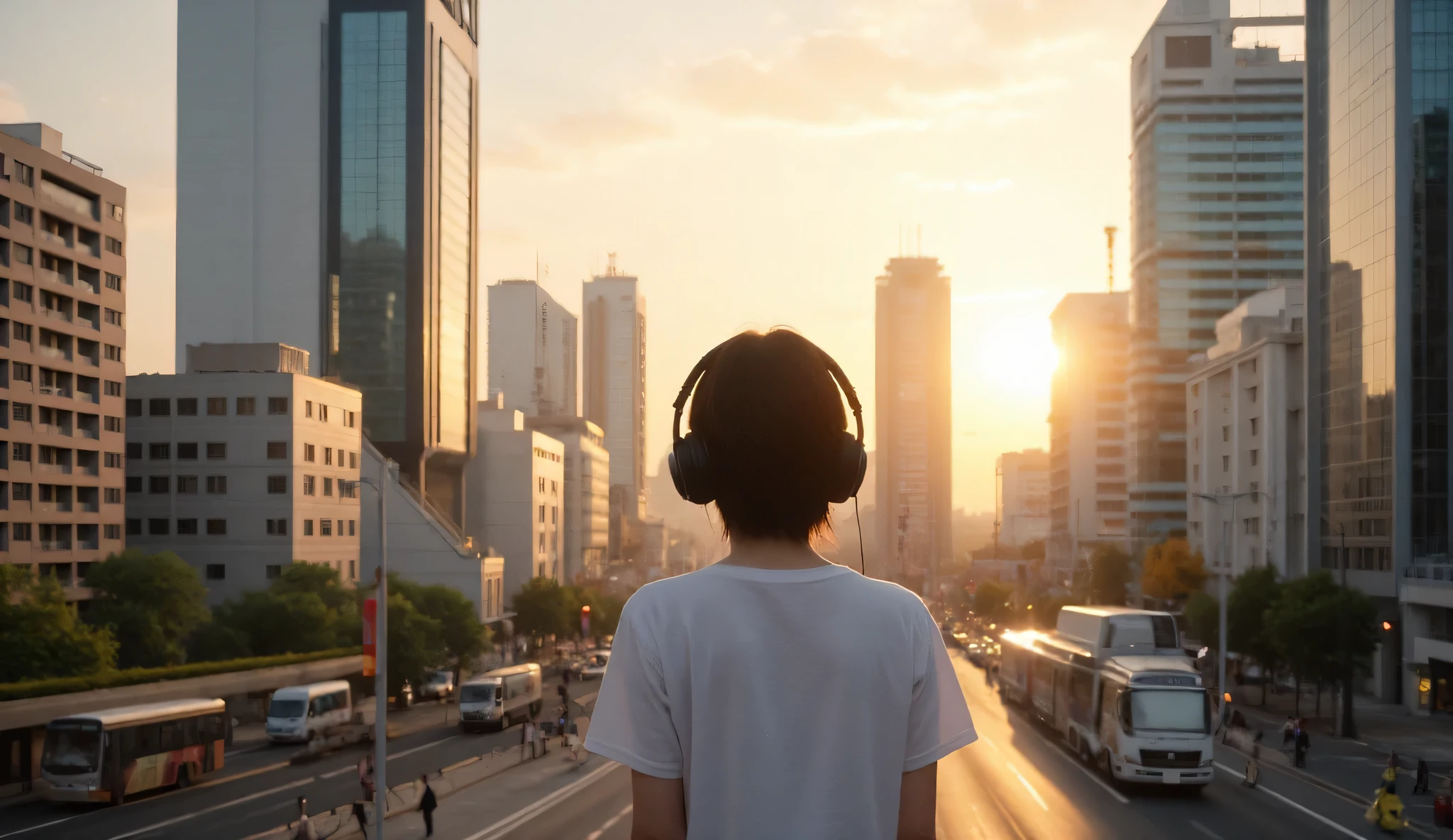 Large Japanese city, buildings, woman with headphones, back view, short black hair, sunny morning.