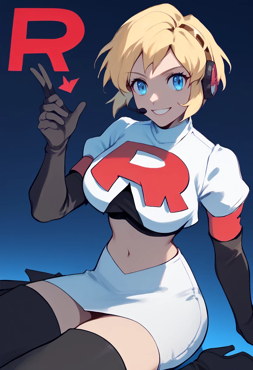 Team rocket, team rocket uniform, red letter R, white skirt,white crop top,black thigh-high boots, black elbow gloves, evil smile, night sky background, headset, large breasts, high-heeled boots, Aegis, blonde hair, blue eyes, gloves, robot girl