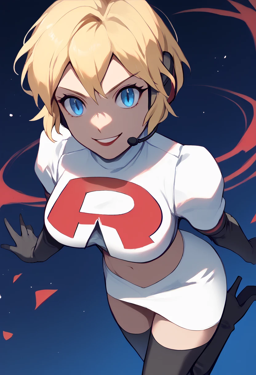 Team rocket, team rocket uniform, red letter R, white skirt,white crop top,black thigh-high boots, black elbow gloves, evil smile, night sky background, headset, large breasts, high-heeled boots, Aegis, blonde hair, blue eyes, gloves, robot girl