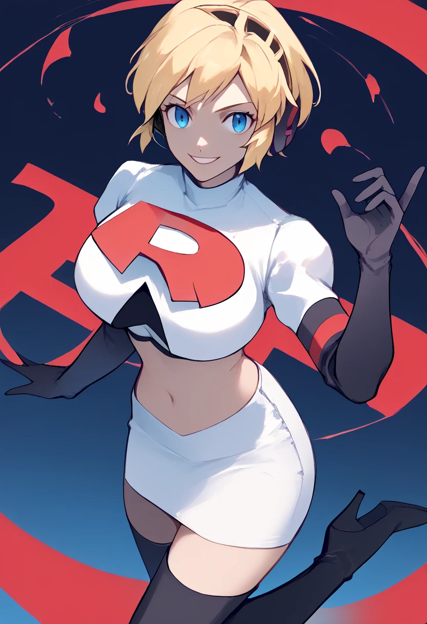 Team rocket, team rocket uniform, red letter R, white skirt,white crop top,black thigh-high boots, black elbow gloves, evil smile, night sky background, headset, large breasts, high-heeled boots, Aegis, blonde hair, blue eyes, gloves, robot girl