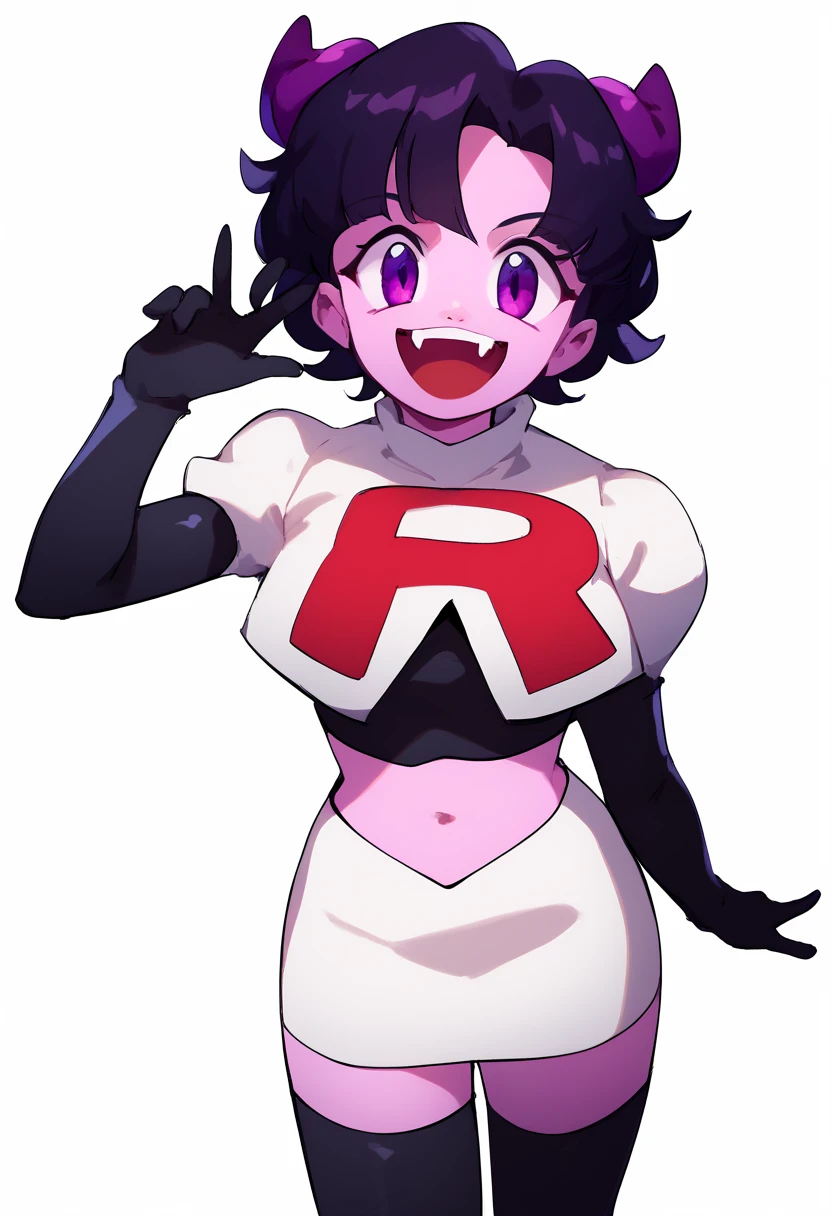 jellybean_yt, solo, looking at viewer, smile, short hair, open mouth, black hair, 1girl, white background, purple eyes, female focus, horns, teeth, colored skin, fangs, team rocket,team rocket uniform,white skirt,red letter R,crop top,black thigh-highs,black elbow gloves, source