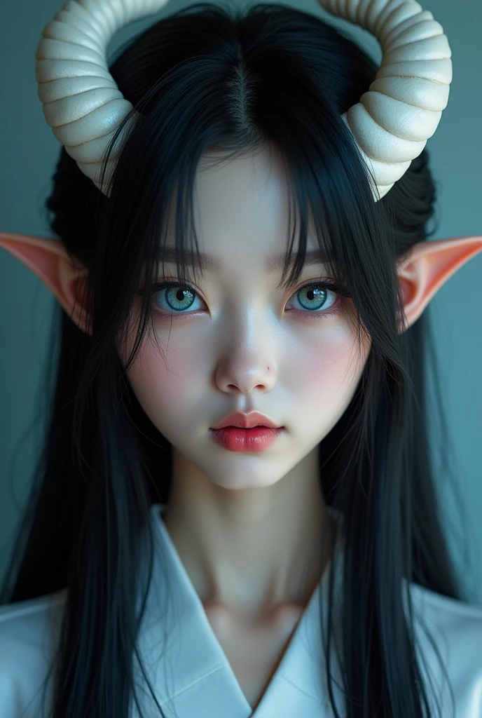 Humanoid creature, black eyes, elf ears, small horns