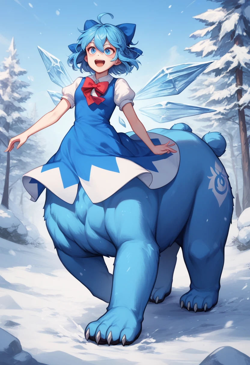 zzCirno, blue eyes, hair between eyes, ahoge, blue hair, hair bow, short hair, blue dress, puffy short sleeves, white shirt, bow, wings, ice, short sleeves, ice wings, dress, ((taur panda bear)) ((happy expression)) ((walking on ice)) (body taur taur panda bear )) 
() (furry) running through the snow 