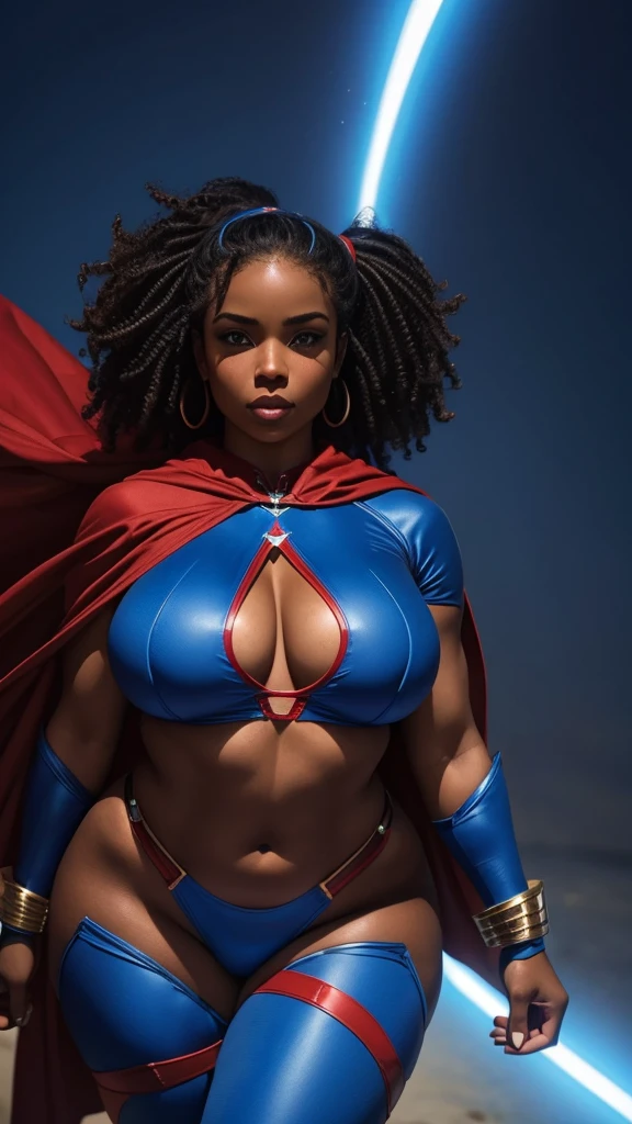 a woman in a blue and red costume posing for a picture, the super hot and sexy, erotic body, super-hero girl, nerdy black girl super hero, superhero bikini, super hero, posing like a superhero, puerto rican super hero, giant stunning goddess shot, thicc, super hero pose, with cape, thick body, curly hair  