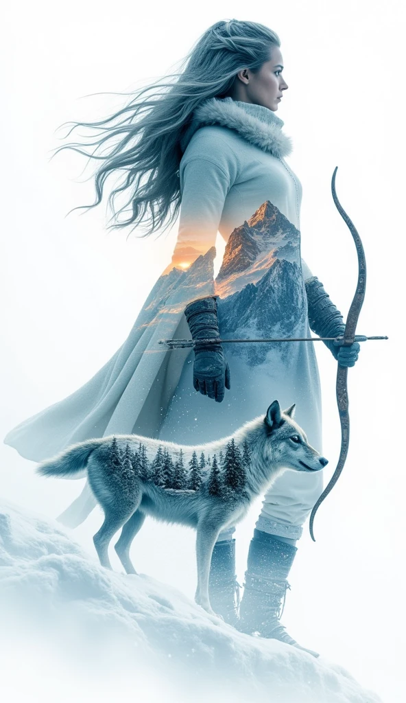 Create a majestic 8K resolution 3D double exposure artwork featuring a silhouette of Skadi, the Norse goddess of winter, skiing, and hunting, set against a backdrop of snow-covered mountains and icy fjords. Within Skadi's form, incorporate:
Her fierce, determined expression adorned with a winter cloak and fur-lined boots
A pair of skis and a bow, symbolizing her prowess in both winter sports and hunting
Flowing hair that blends into the snowy landscape
Inside Skadi's silhouette, depict scenes of winter wilderness, hunting expeditions, and serene snowy landscapes:
Hikers and hunters navigating through snow-covered forests and mountainous terrains
Wildlife such as reindeer and wolves thriving in the icy environment
Frozen lakes and sparkling snowflakes creating a tranquil yet formidable winter scene
Use a color palette that blends:
Icy blues and crisp whites representing winter and cold
Deep silvers and grays symbolizing strength and resilience
Hints of emerald green for evergreen forests and natural beauty
The overall composition should convey strength and harmony with nature, emphasizing Skadi's role as a formidable goddess who thrives in the harshest winter conditions. Incorporate artistic styles inspired by Norse saga illustrations and contemporary alpine art, with crisp, shimmering lighting effects to enhance the majestic and serene atmosphere. Subtly integrate Norse runes and winter motifs throughout the artwork, symbolizing endurance, hunting prowess, and the beauty of winter.