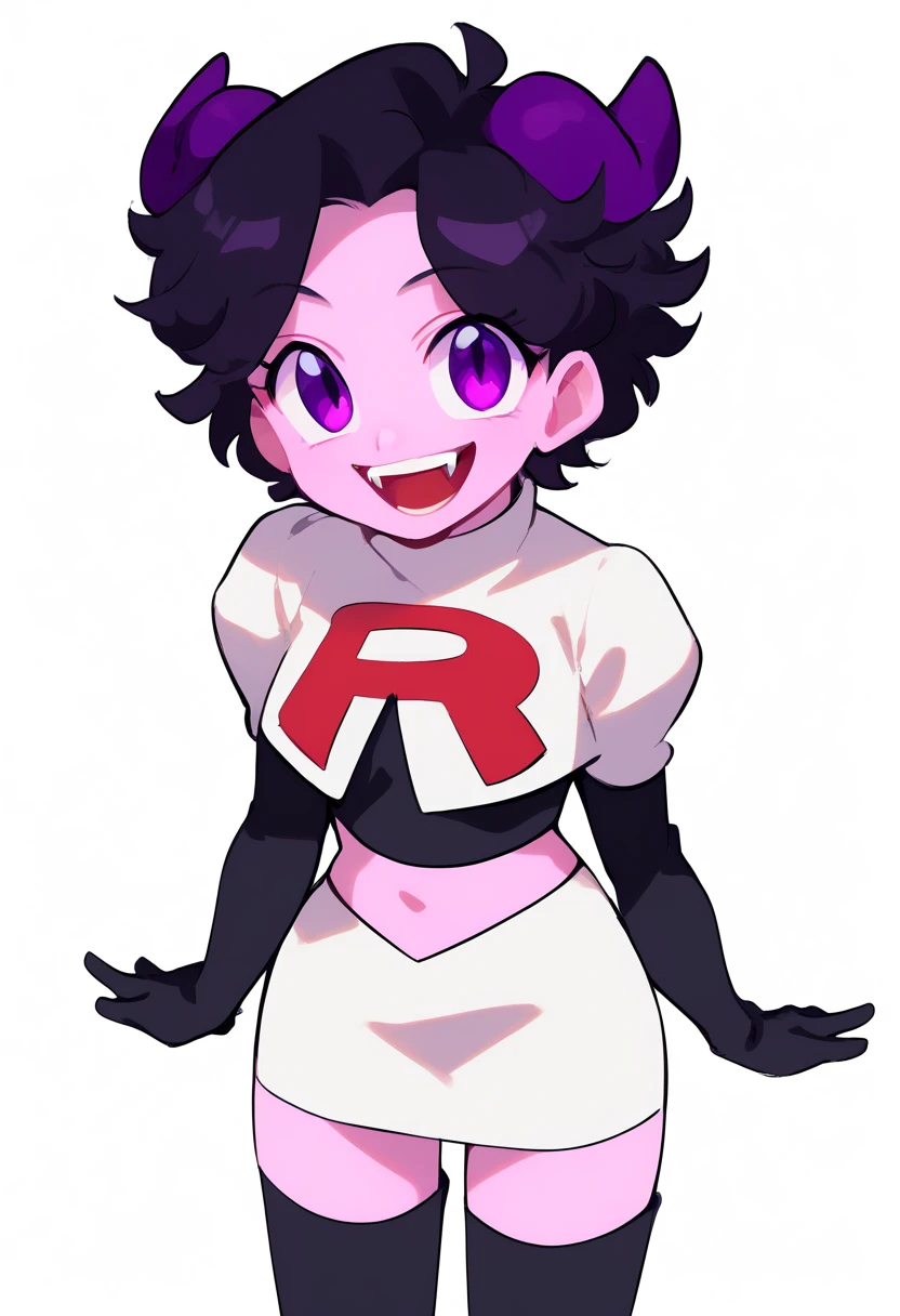 jellybean_yt, solo, looking at viewer, smile, short hair, open mouth, black hair, 1girl, white background, purple eyes, female focus, horns, teeth, colored skin, fangs, team rocket,team rocket uniform,white skirt,red letter R,crop top,black thigh-highs,black elbow gloves, source