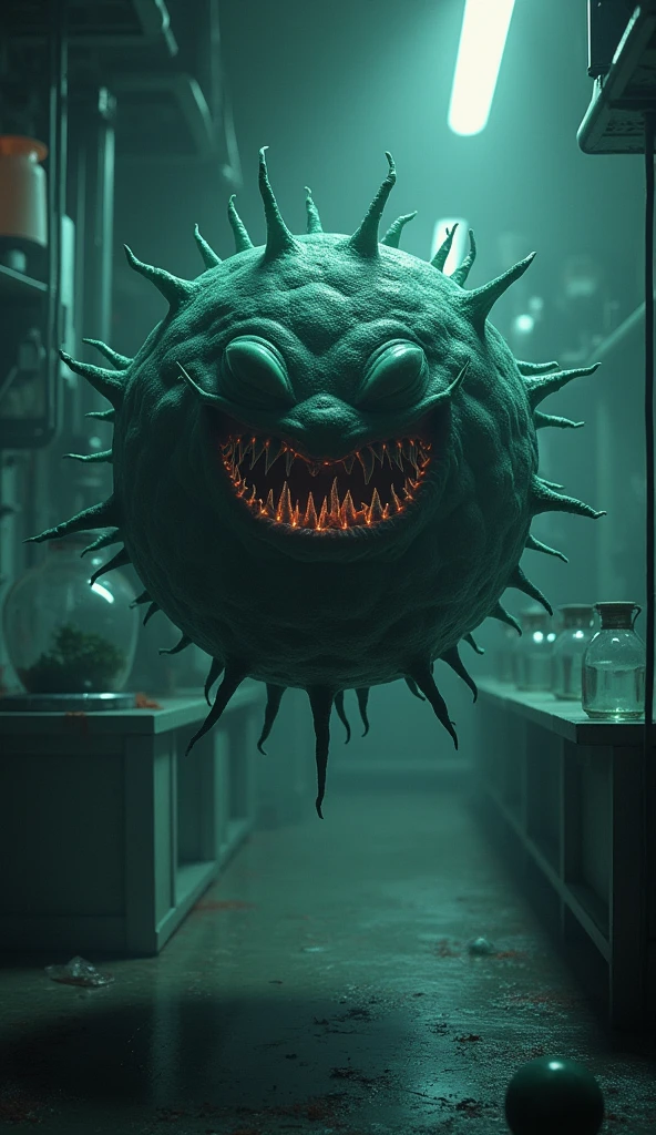 A scary monster apple in the shape of a bomb accompanied by hands and feet with a background of nuclear explosions in a laboratory
