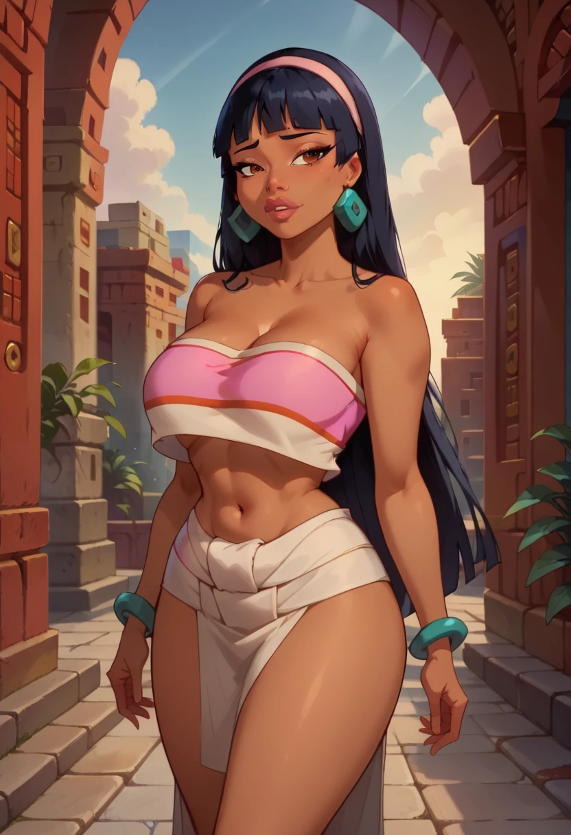 score_9, score_8_up, score_7_up, 1girl, High resolution, Very detailed, perfect lighting, beautiful detailed eyes, ((masterpiece, Best Quality)), absurdities, Alone,  Chel  \(The Road to El Dorado\),  black hair, bangs, long hair, brown eyes, dark skin, black skin, rhombus stripe,(Pink headband:1.2), stupid,(stupid lift:1.5),Huge breasts, Expressiveh, 