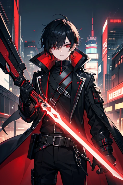 (( top quality )), ((masterpiece)), (  Details),　He holds a red and black futuristic industrial sword in his hand　Male young  　 black hair with one eye hidden  　  futuristic industrial anime clothing  　  long coat in slightly larger black 　 black and red 　  red eyes　 Game　 Unmotivated face neon night city