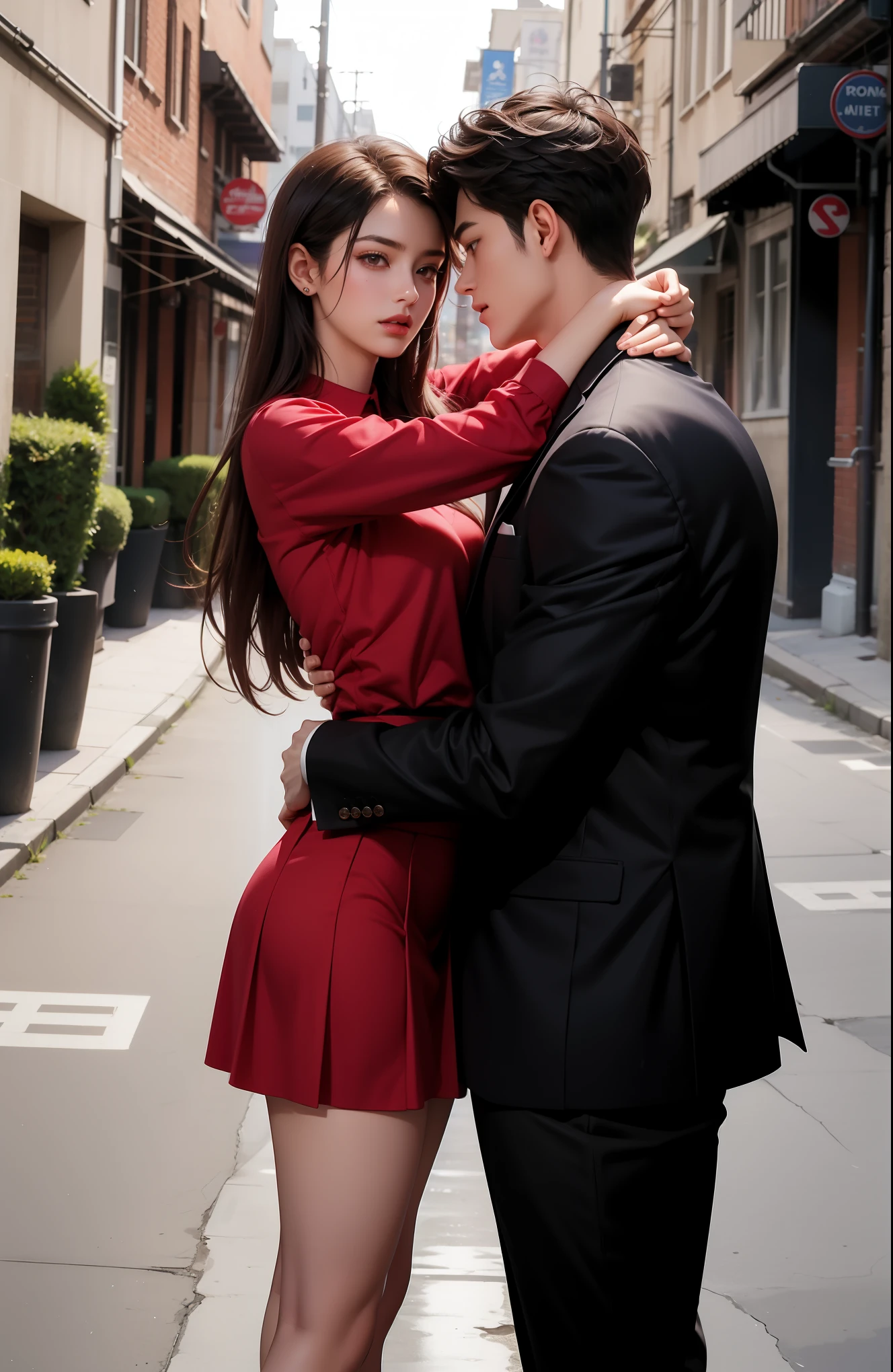 A man and a woman stand together in the hallway, big and sam yang, tiktok video, dancing in the background, wearing a skirt, It looks like someone is dancing, cgstation trends, Dancing with each other, she is dancing, wearing a skirt, wearing a skirt and high socks, big, he is dancing