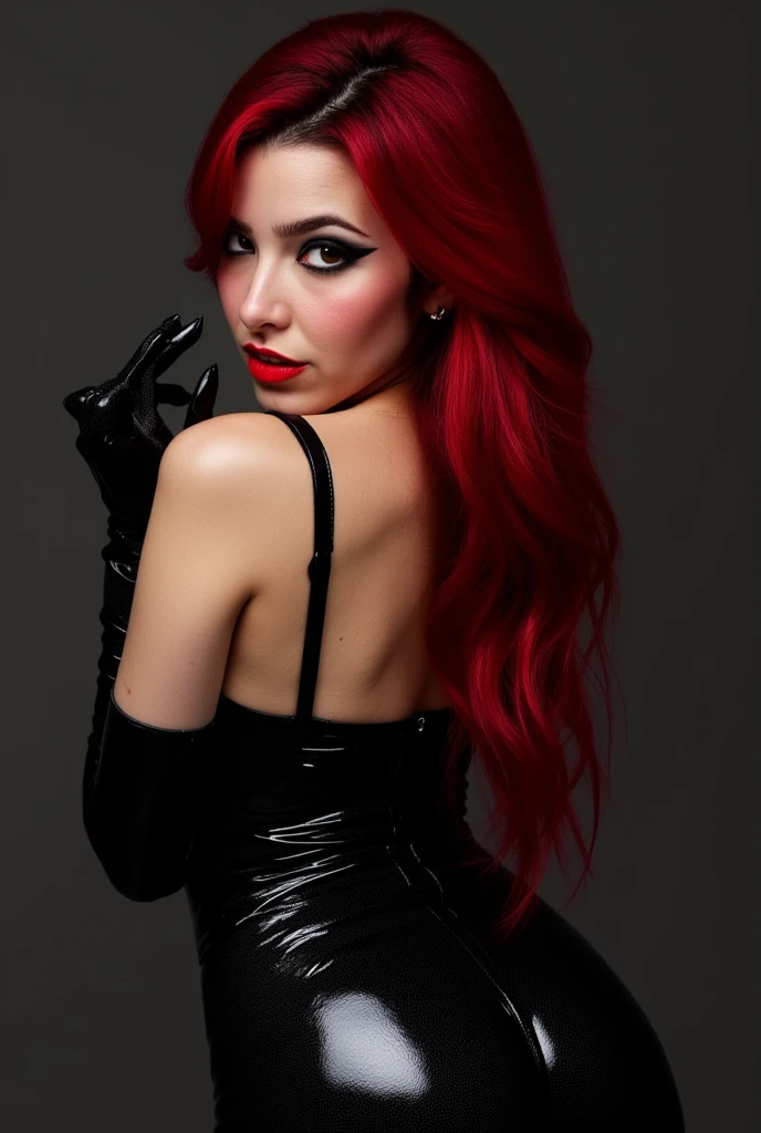 cute portrait of sexy girl with long red hair, latex outfit, red lip gloss, latex Halloween costume, ass, booty, bottom, behind, eyeliner flicks, extreme makeup 